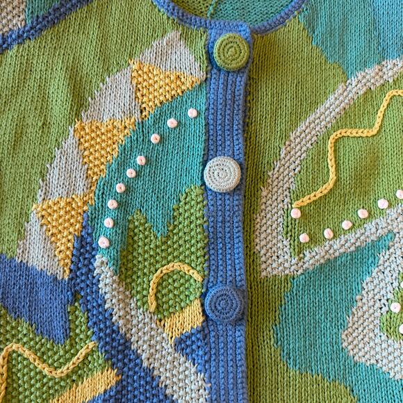 Segrets Sun Prints Vintage Hand Knit Grannycore Blue Cardigan, Cotton/Ramie Med - Picture 4 of 7